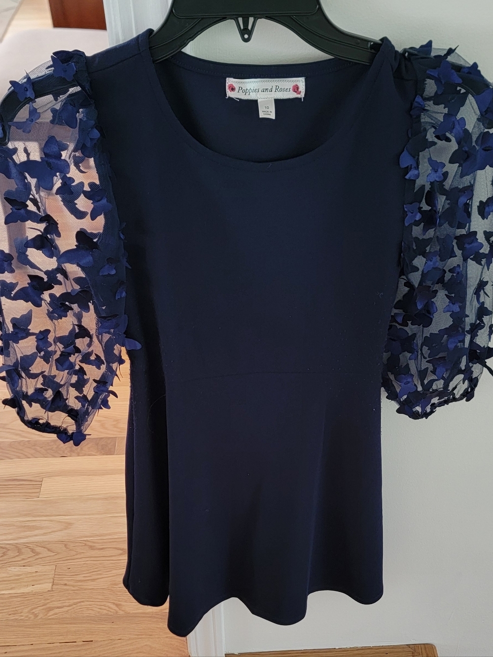Poppies and Roses Girls' Navy Floral Mesh Sleeve Formal Dress